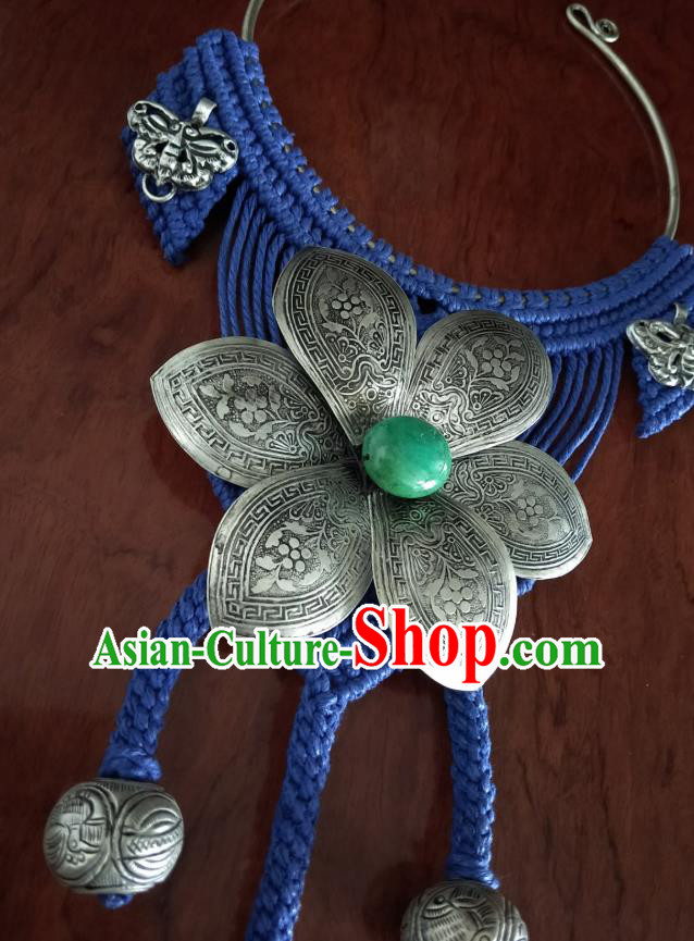 Handmade China National Silver Flowers Tassel Accessories Traditional Blue Sennit Necklet