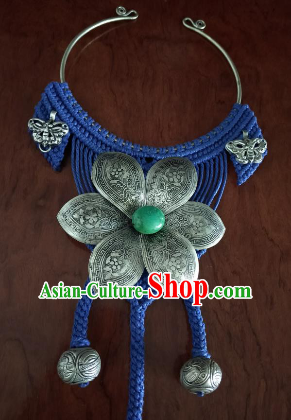 Handmade China National Silver Flowers Tassel Accessories Traditional Blue Sennit Necklet