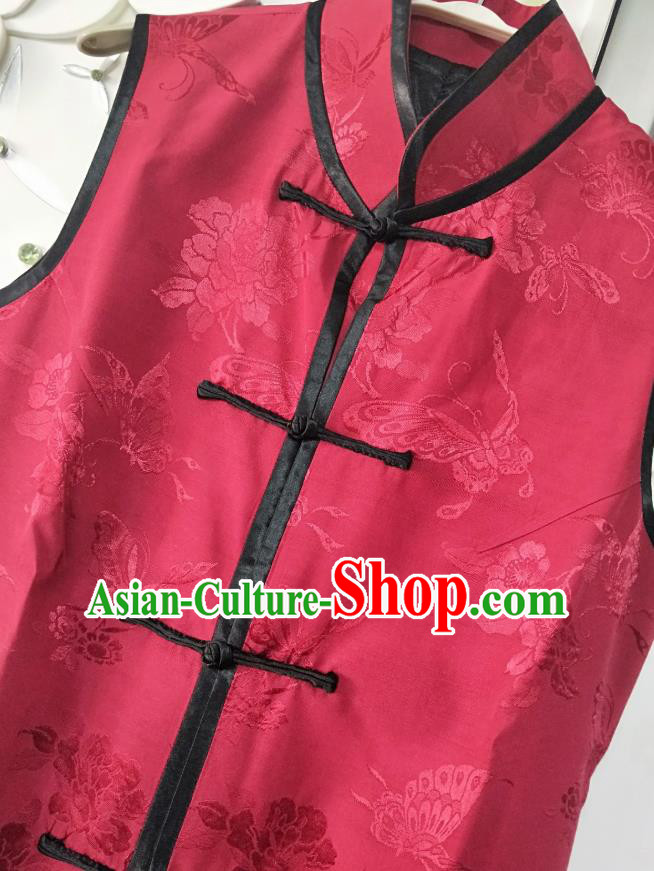 China National Red Satin Long Vest Women Classical Peony Butterfly Pattern Waistcoat Dress Traditional Tang Suit Clothing