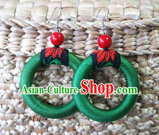Handmade China Ethnic Green Waxed Thread Earrings Traditional Miao Nationality Ear Accessories