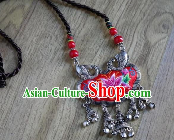 Handmade China National Silver Fish Jewelry Accessories Ethnic Embroidered Lotus Necklace Longevity Lock