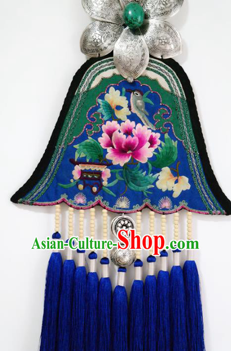 Traditional China Royalblue Tassel Necklace Miao Nationality Embroidered Accessories Handmade Ethnic Silver Jewelry