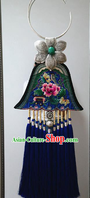 Traditional China Royalblue Tassel Necklace Miao Nationality Embroidered Accessories Handmade Ethnic Silver Jewelry