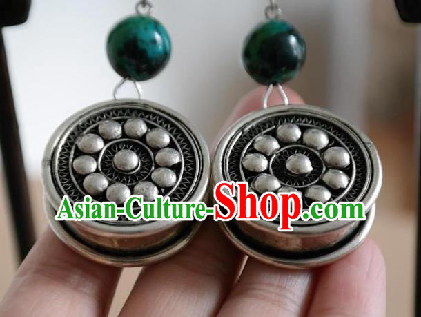 Traditional China Ethnic Folk Dance Accessories Miao Nationality Handmade Silver Earrings