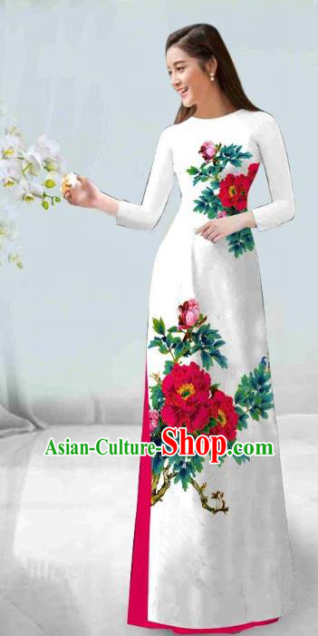 Asian Vietnam Classical Rosy Peony Pattern Ao Dai Qipao Traditional Vietnamese Costumes Cheongsam Dress and Loose Pants for Women