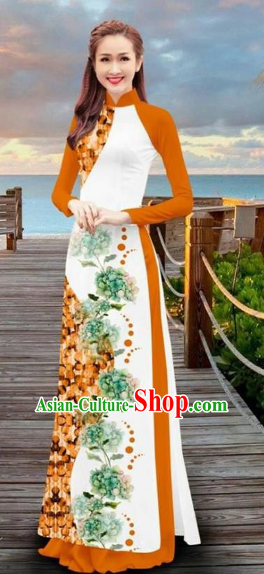 Asian Vietnam Printing Flowers Cheongsam Dress and Pants Traditional Vietnamese Costumes Classical Orange Ao Dai Qipao for Women