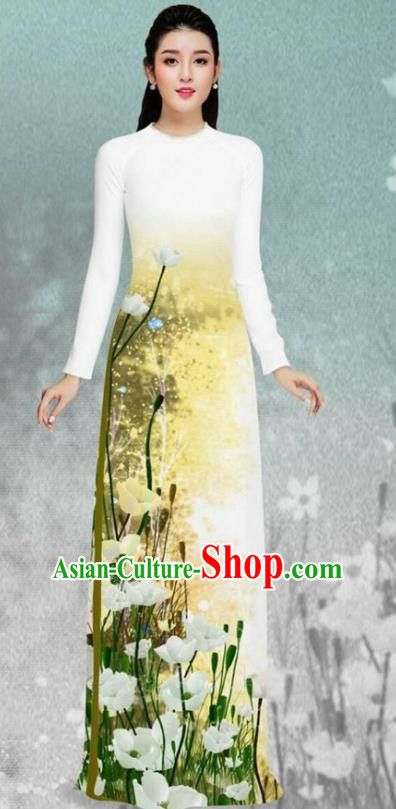 Asian Vietnam Printing Flowers White Cheongsam and Pants Traditional Vietnamese Costumes Classical Female Ao Dai Qipao Dress