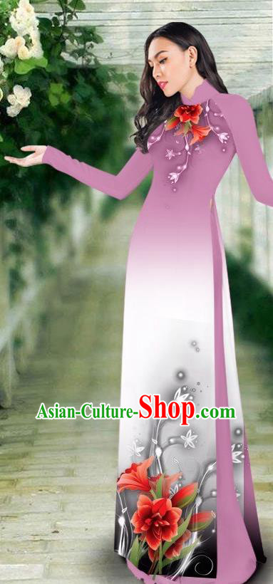 Asian Vietnam Classical Cheongsam Traditional Vietnamese Costumes Women Printing Lilac Ao Dai Qipao Dress and Pants