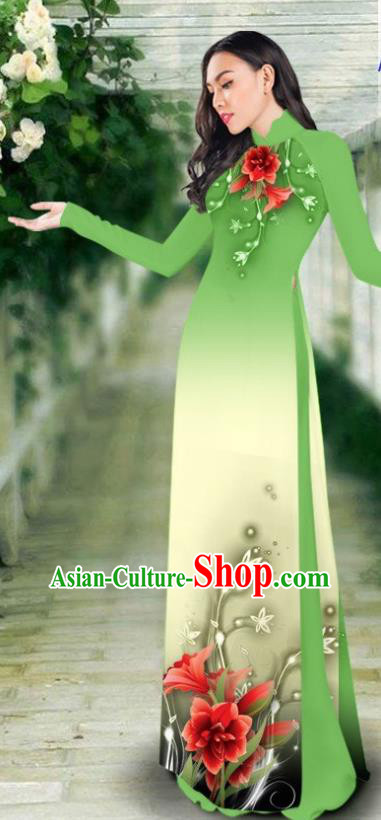 Asian Vietnam Classical Cheongsam Traditional Vietnamese Costumes Women Printing Green Ao Dai Qipao Dress and Pants