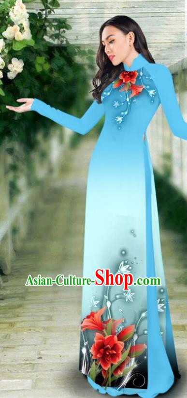 Asian Vietnam Classical Cheongsam Traditional Vietnamese Costumes Women Printing Blue Ao Dai Qipao Dress and Pants