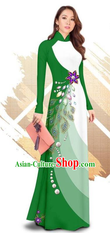 Traditional Vietnamese Classical Green Ao Dai Qipao Dress and Loose Pants Asian Vietnam Women Cheongsam Costumes
