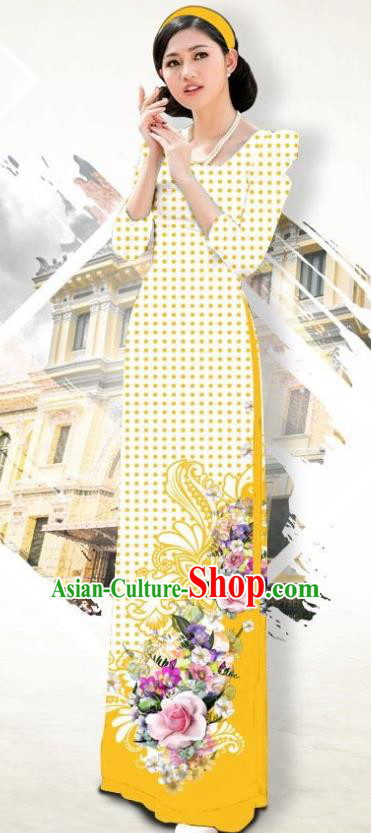 Traditional Vietnamese Civilian Female Ao Dai Qipao Dress and Yellow Pants Asian Vietnam Cheongsam Classical Costumes