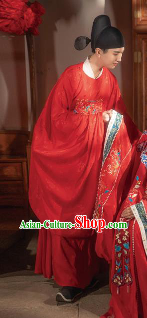 Chinese Ming Dynasty Wedding Historical Costumes Traditional Ancient Official Hanfu Apparels Embroidered Red Robe for Men