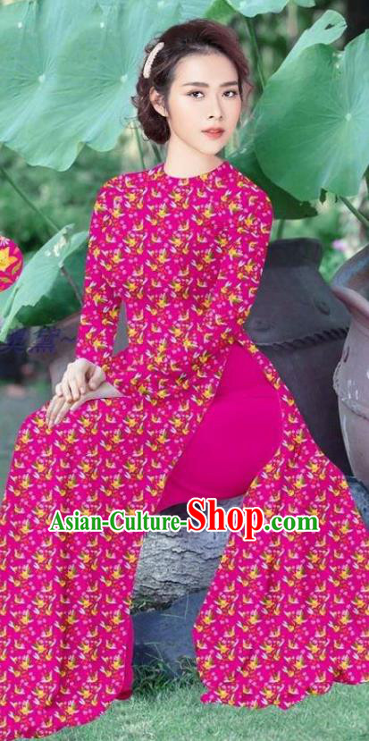 Rosy Vietnamese Qipao Uniforms Traditional Ao Dai Dress and Pants Asian Vietnam Women Costume Custom Cheongsam