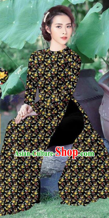 Traditional Vietnamese Ao Dai Qipao Dress with Black Loose Pants Two Piece  Set