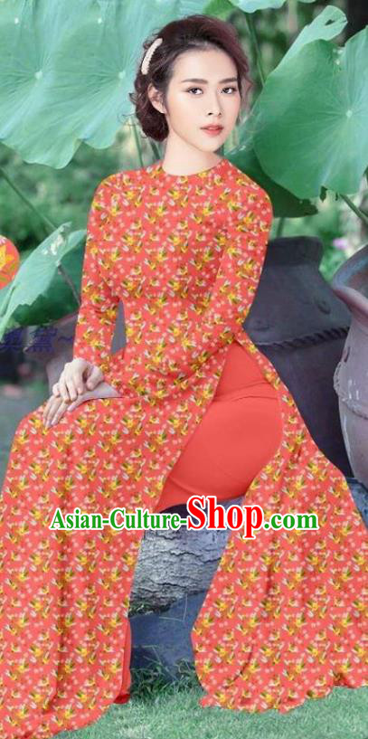 Vietnamese Traditional Ao Dai Dress Women Orange Qipao and Pants Asian Costume Vietnam Custom Cheongsam Uniforms