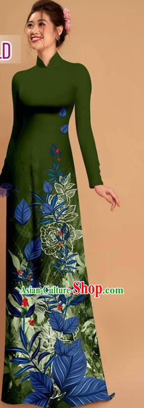 Vietnamese Custom Olive Green Uniforms Traditional Asian Vietnam Costume Printing Qipao with Pants Ao Dai Dress