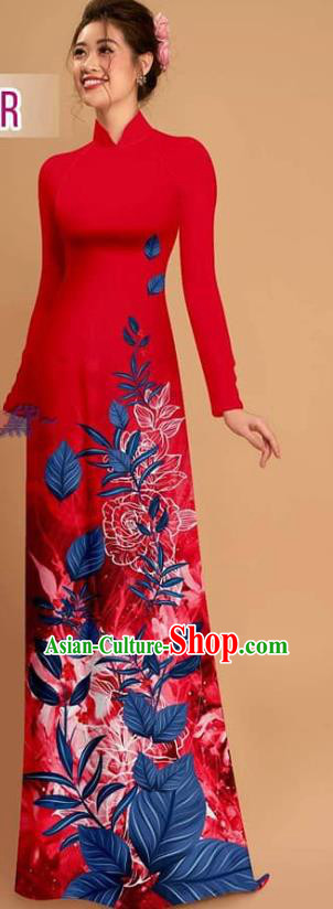 Traditional Asian Vietnam Costume Printing Qipao with Pants Ao Dai Dress Vietnamese Custom Red Uniforms