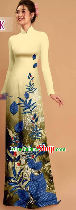 Traditional Asian Vietnam Printing Beige Qipao with Pants Ao Dai Dress Vietnamese Custom Uniforms Costume