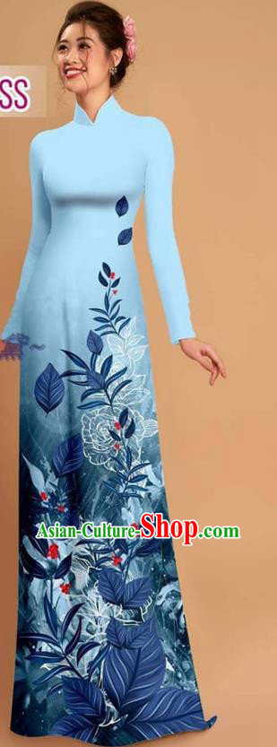 Custom Asian Vietnam Ao Dai Dress Vietnamese Uniforms Traditional Printing Light Blue Qipao with Pants Costume