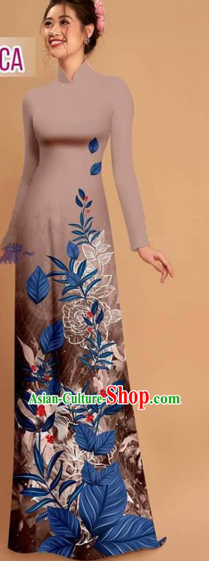 Custom Vietnamese Printing Brown Qipao with Pants Uniforms Asian Vietnam Traditional Costume Ao Dai Dress