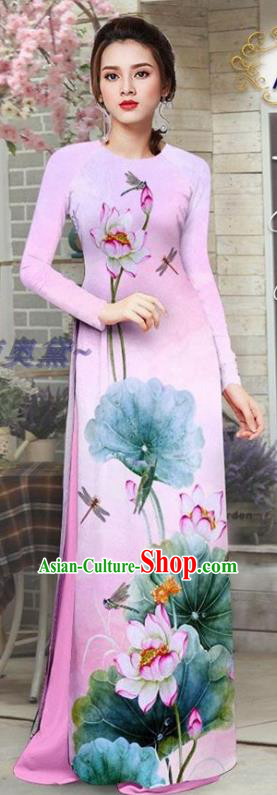 Custom Asian Vietnam Traditional Costume Printing Lotus Lilac Qipao Dress with Pants Vietnamese Ao Dai Uniforms