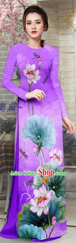 Custom Asian Traditional Purple Qipao Dress with Pants Vietnam Costume Vietnamese Printing Lotus Ao Dai Uniforms