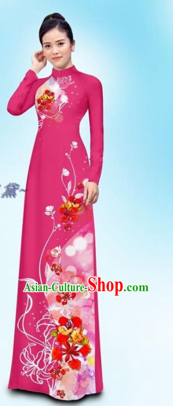 Asian Vietnam Rosy Qipao Dress Traditional Vietnamese Woman Clothing Custom Ao Dai Cheongsam and Pants Uniforms