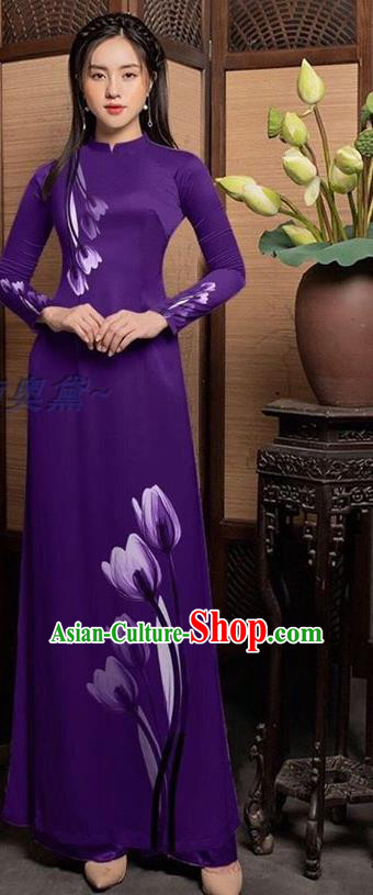 Asian Vietnam Ao Dai Costume Traditional Bride Long Dress with Pants Uniforms Custom Vietnamese Purple Cheongsam