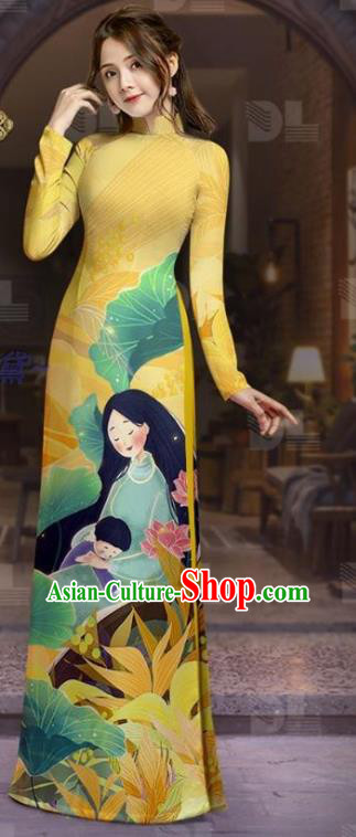 Asian Vietnamese Costume Traditional Vietnam Dress Ao Dai Clothing Custom Printing Uniforms Yellow Tunic with Pants