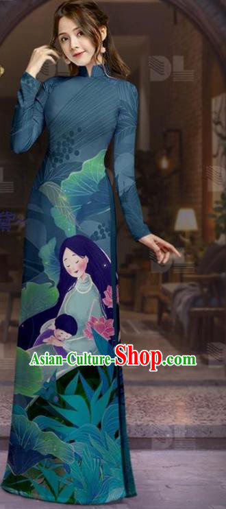 Vietnam Custom Uniforms Asian Traditional Vietnamese Costume Navy Dress Ao Dai Clothing Printing Tunic with Pants