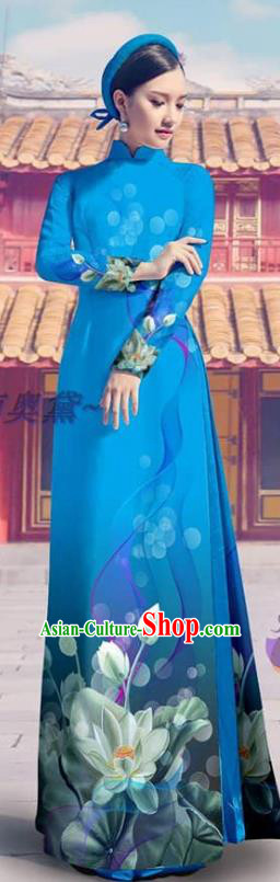 Traditional Vietnam Bride Costume Custom Blue Ao Dai Dress Printing Cheongsam with Pants Asian Vietnamese Clothing