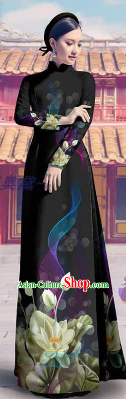Custom Vietnam Traditional Printing Black Cheongsam with Pants Beauty Costume Asian Vietnamese Ao Dai Dress Clothing