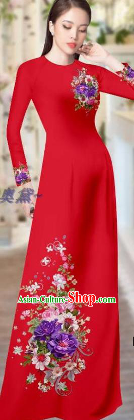 Vietnam Traditional Clothing Printing Cheongsam with Pants Asian Vietnamese Custom Red Ao Dai Dress Costume