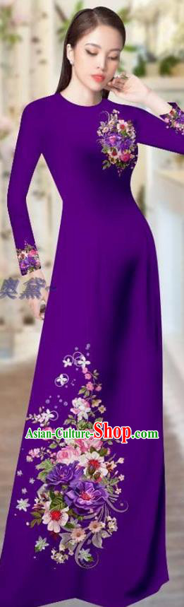 Purple Ao Dai Dress Asian Vietnamese Traditional Custom Costume Printing Cheongsam with Pants Vietnam Uniforms