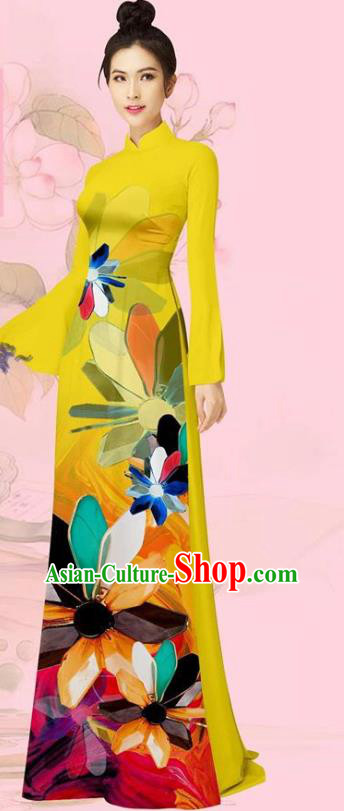 Yellow Cheongsam Vietnam Traditional Costume Asian Vietnamese Women Ao Dai Uniforms Custom Long Dress with Pants