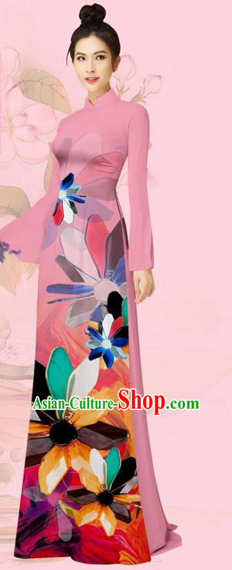 Custom Pink Ao Dai Dress Asian Vietnam Women Costume Traditional Vietnamese Clothing Cheongsam with Pants Uniforms