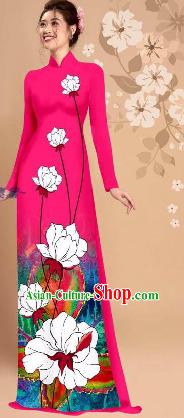 Custom Asian Vietnamese National Clothing Vietnam Ao Dai Dress Uniforms Traditional Rosy Cheongsam with Loose Pants