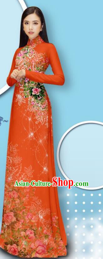 Vietnamese Jacinth Cheongsam with Loose Pants Fashion Apparel Custom Vietnam Uniforms Asian Traditional Ao Dai Dress
