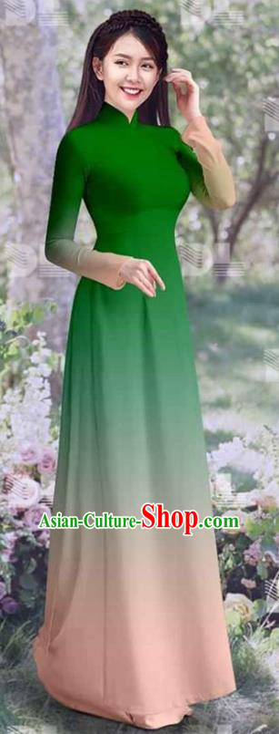 Vietnamese Classical Qipao Dress with Pants Costumes Asian Traditional Ao Dai Clothing Vietnam Gradient Green Cheongsam