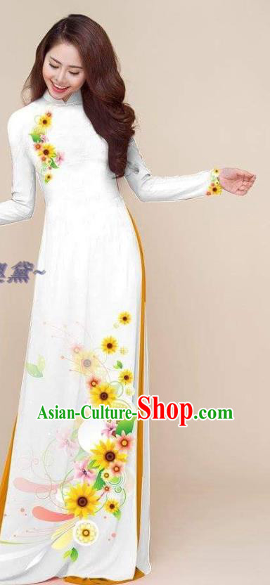 Vietnam Ao Dai Clothing Asian Classical Qipao Traditional Printing Cheongsam with Yellow Pants Vietnamese Dress Costumes