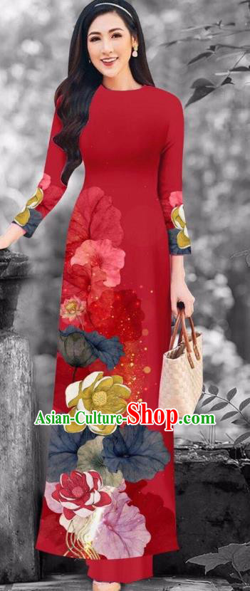 Chinese dress red with black qipao Vietnam Ao Dai cheongsam catwalk model  show costume women wide-leg pants two-piece Chinese style long cheongsam