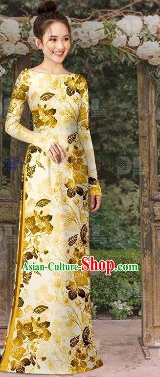 Vietnam Ao Dai Clothing Oriental Cheongsam Vietnamese Traditional Fashion Classical Golden Qipao Dress with Loose Pants