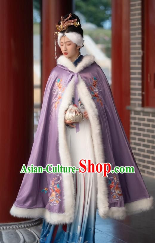 Chinese Ming Dynasty Embroidered Purple Cloak Historical Costume Traditional Ancient Princess Hanfu Apparel for Patrician Lady
