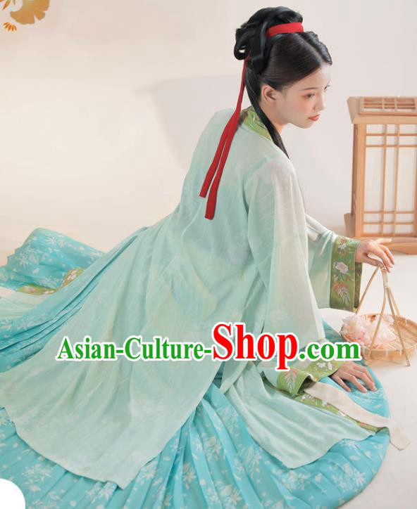 Chinese Traditional Hanfu Dress Ancient Costumes Song Dynasty Young Lady Embroidered BeiZi Top and Blue Skirt for Female