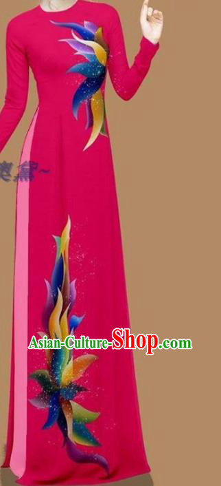 Ao Dai Clothing Asian Traditional Custom Cheongsam Vietnamese Bride Dress Vietnam Women Rosy Qipao with Pants