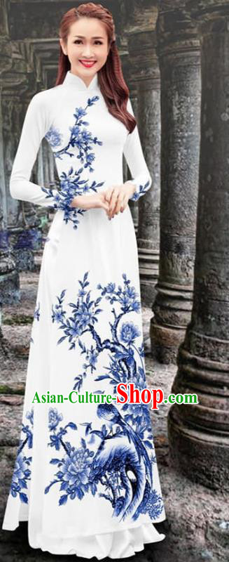 Vietnam Printing Blue Flower Bird Cheongsam Qipao Dress with Loose Pants Vietnamese Traditional Ao Dai Costume