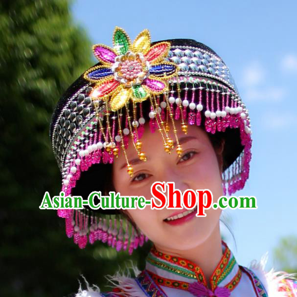 Best Chinese Tujia Nationality Round Hat Top Quality China Ethnic Women Beads Tassel Headwear