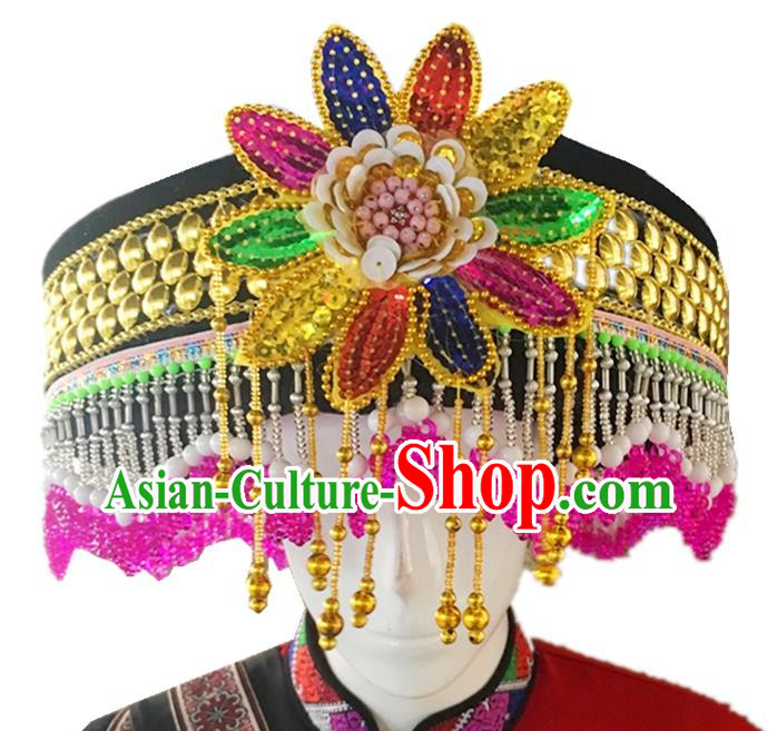 Best Chinese Tujia Nationality Round Hat Top Quality China Ethnic Women Beads Tassel Headwear