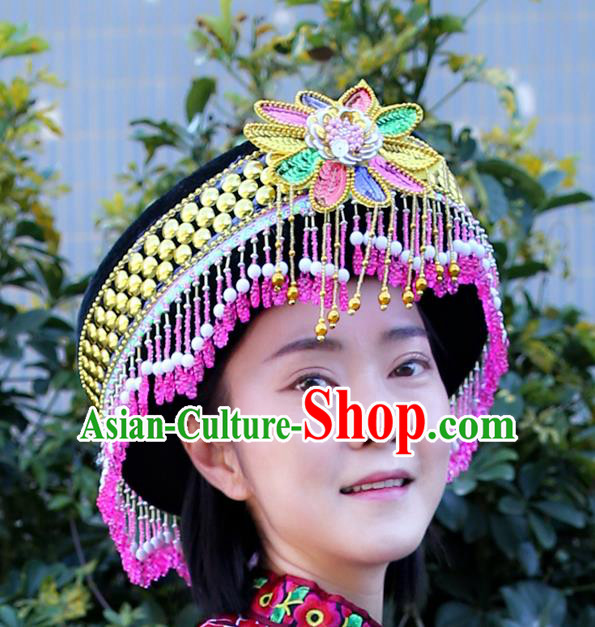 Best Chinese Tujia Nationality Round Hat Top Quality China Ethnic Women Beads Tassel Headwear